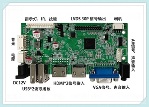 LVDS液晶面板 
2路HDMI高清输入接口
2路USB多媒体、触摸屏接口 VGA*1
Class-D功放：**输出功率2X3W（4 欧）
分辨率1920*1080 双6/8/10bit LVDS信号输出
支持耳机输出,内置接口丰富,多国OSD菜单语言