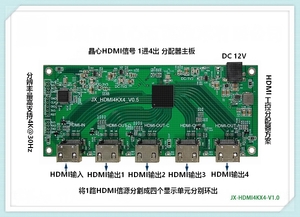 JX-HDMI4KX4
4K工控分配器主板方案
1路HDMI信源分割成四个显示单元分别环出
支持Android、arm、x86和工控主板的分配使用场景
HDMI信号输入/环出输出支持1920*1080PX 最高支持4K@30Hz
用于多人会议，医疗手术，工厂测试，监控，地图，高铁，公交物流，餐饮等领域