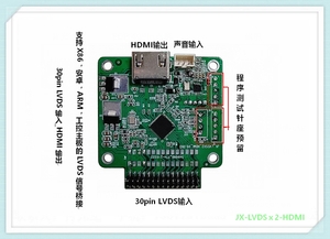 JX-LVDSⅹ2-HDMI
30pin LVDS输入_HDMI输出
LVDS输入: 分辨率**支持1920*1080px
HDMI输出: 分辨率**支持1920*1080px
支持X86，安卓，ARM，工控主板的LVDS信号桥接
LVDS转HDMI输出方案适用：监控，广告，楼宇，数字标牌等场景
